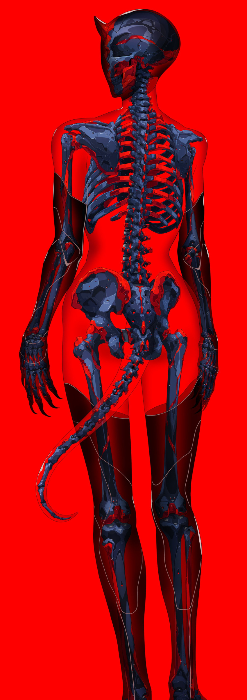 1girl absurdres full_body highres horns humanoid_robot mechanical_parts original red_background red_theme ribs robot science_fiction simple_background skeleton solo spine standing tail teru_by_m