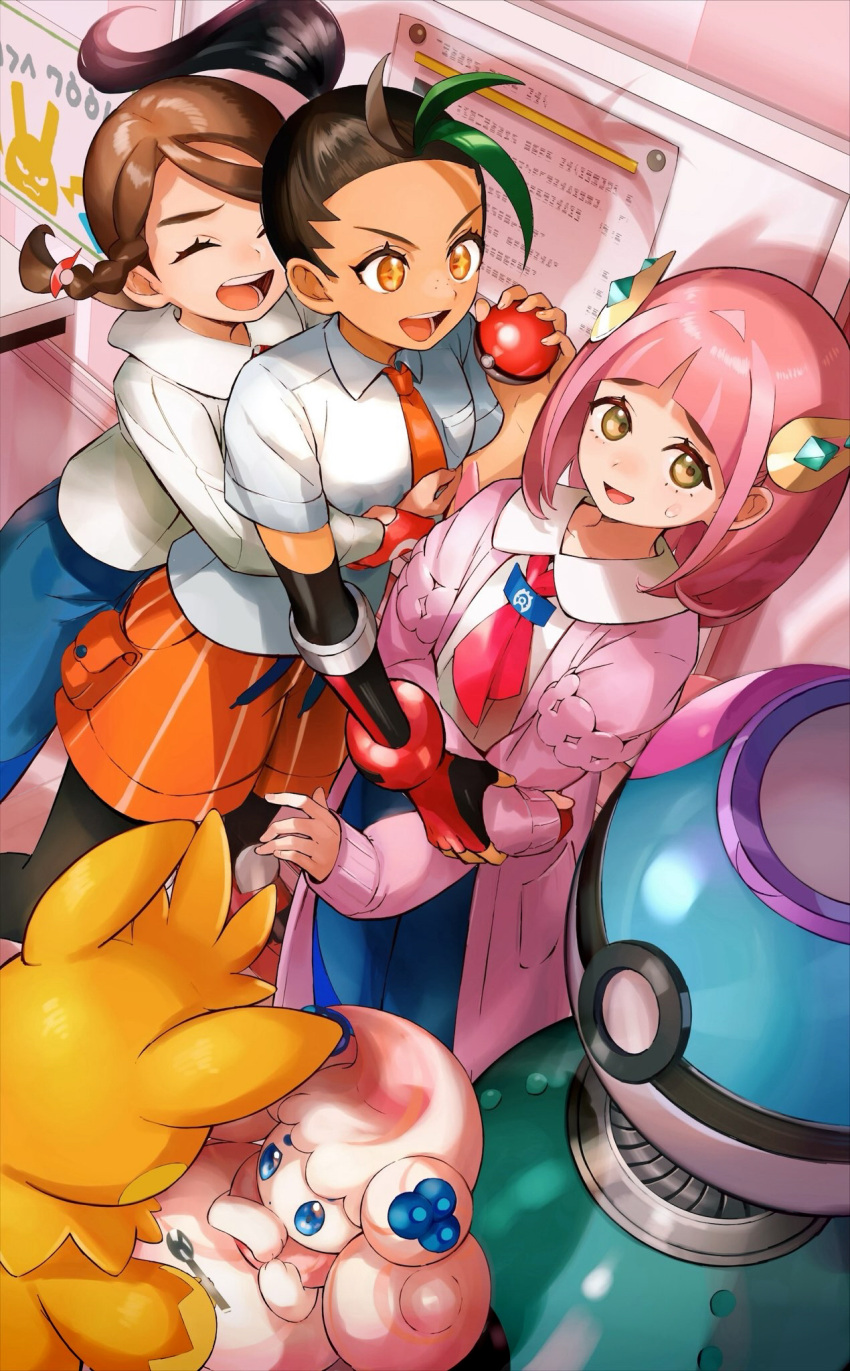 3girls alcremie arched_bangs black_hair blue_pants blush braid breasts brown_hair cardigan closed_eyes closed_mouth collared_shirt dark-skinned_female dark_skin eyelashes freckles gloves green_hair hair_ornament hairclip highres holding holding_poke_ball juliana_(pokemon) lacey_(pokemon) long_hair long_sleeves multicolored_hair multiple_girls naranja_academy_school_uniform necktie nemona_(pokemon) open_clothes open_mouth orange_mikan orange_necktie pants pawmot pink_hair poke_ball poke_ball_(basic) pokemon pokemon_(creature) pokemon_sv ponytail red_gloves school_uniform shirt short_sleeves shorts single_glove smile streaked_hair two-tone_hair white_shirt yellow_eyes