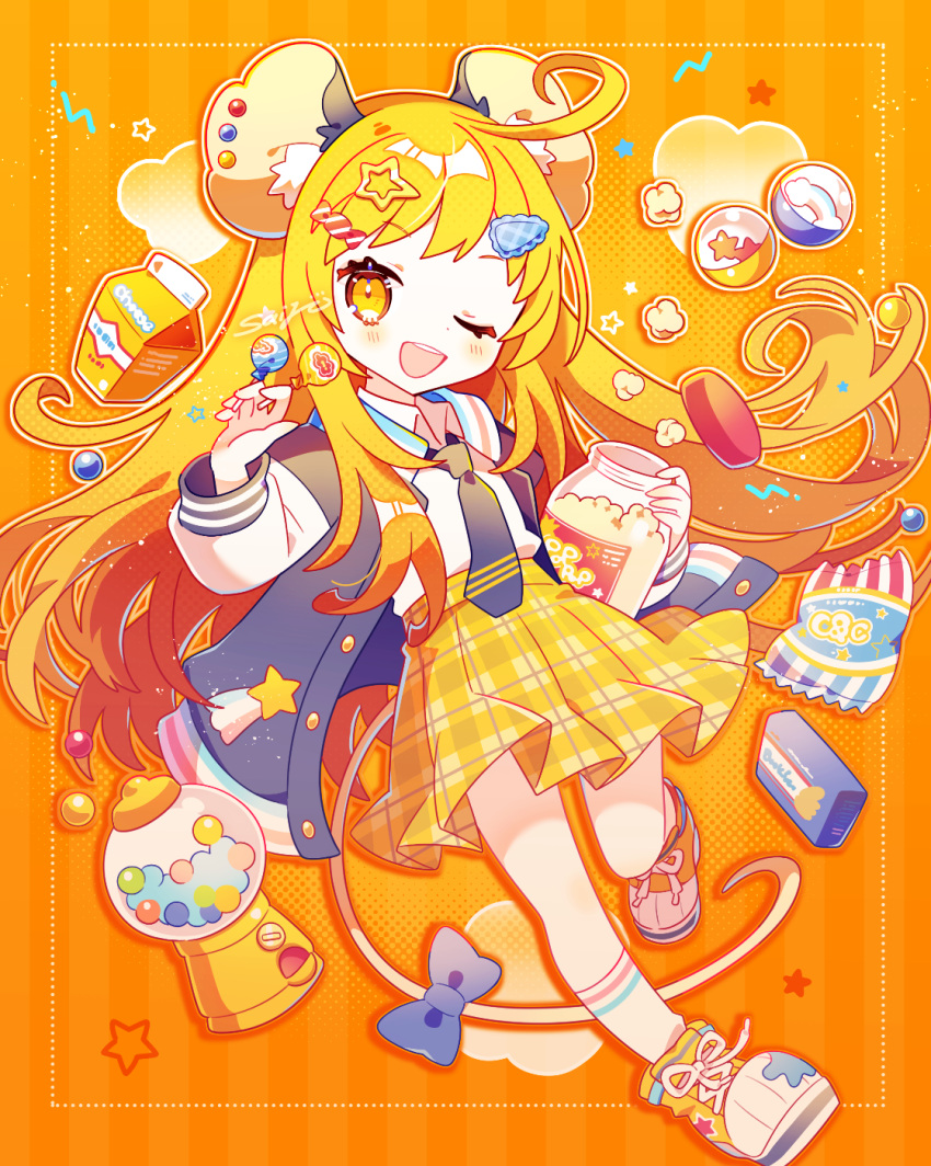 1girl ;d animal_ears blonde_hair bow candy coat food full_body gumball_machine half-closed_eyes highres holding holding_candy holding_food holding_lollipop lollipop milk_carton mouse_ears mouse_girl mouse_tail one_eye_closed open_mouth orange_theme original saijo1201 skirt smile solo tail tail_bow tail_ornament teeth upper_teeth_only yellow_background yellow_eyes yellow_skirt