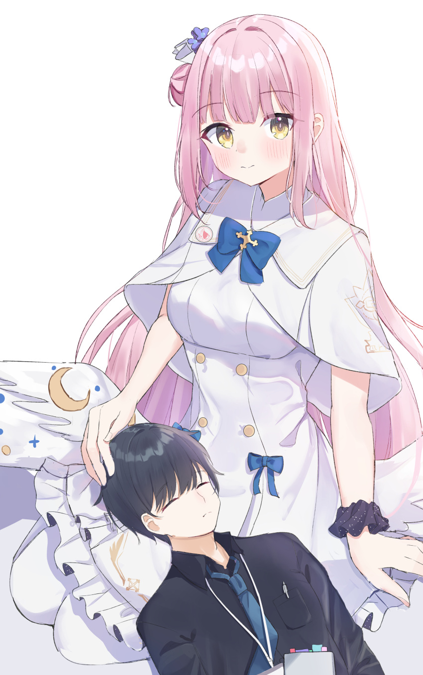 1boy 1girl absurdres black_hair black_shirt blue_archive blue_bow blue_bowtie blush bow bowtie capelet closed_eyes closed_mouth commentary_request crescent crescent_pin dress feathered_wings hair_bun hand_on_another's_head highres lap_pillow long_hair looking_at_viewer low_wings mika_(blue_archive) no_halo pink_hair scrunchie sensei_(blue_archive) shirt simple_background single_hair_bun smile white_background white_capelet white_dress white_wings wing_ornament wings wrist_scrunchie yellow_eyes yuuna_(vhux2273)