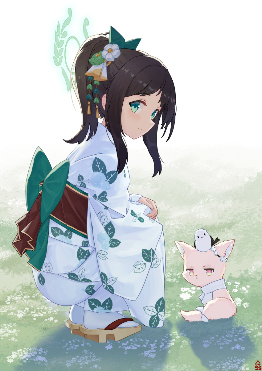 1girl absurdres airi_(blue_archive) alternate_costume alternate_hairstyle bird black_hair blue_archive closed_mouth flower fox grass green_eyes hair_flower hair_ornament highres japanese_clothes kimono looking_at_viewer ribbon signature sitting smile soulcore1999 white_background