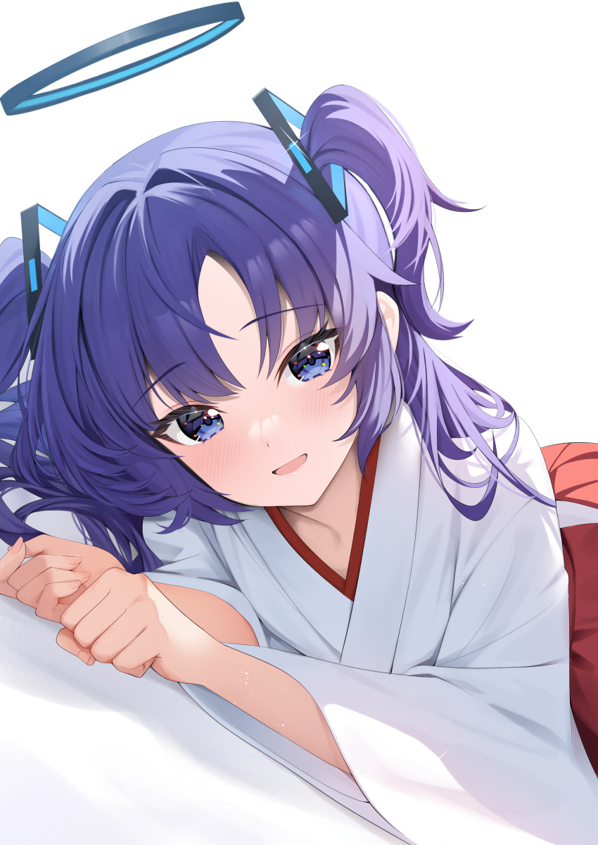 1girl absurdres alternate_costume blue_archive blue_eyes blush hakama halo highres japanese_clothes kosode looking_at_viewer lying miko on_side purple_hair red_hakama rei_(ilust9999) simple_background smile solo two_side_up white_background yuuka_(blue_archive)