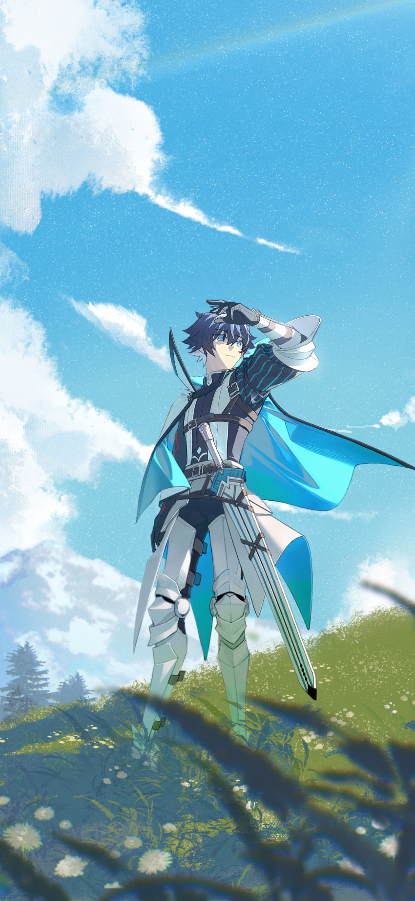 1boy absurdres armor belt black_gloves black_hair black_pants blue_eyes blue_sky brown_belt charlemagne_(fate) chest_belt closed_mouth cuisses fate/grand_order fate_(series) full_body gloves grass greaves hand_up highres idass_(idass16) light_smile looking_afar male_focus multicolored_hair outdoors pants scabbard sheath short_hair shoulder_belt sky solo standing streaked_hair two-tone_hair white_hair wide_shot
