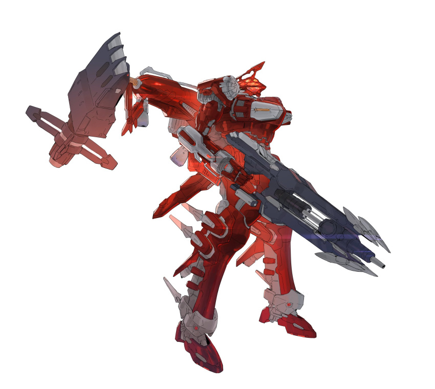 armored_core armored_core_6 full_body gun hal_826 highres holding holding_gun holding_weapon mecha mecha_focus missile_pod no_humans rifle riio robot simple_background standing thrusters weapon white_background