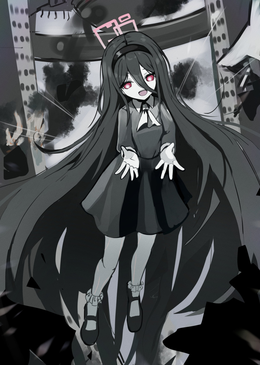 &lt;key&gt;_(blue_archive) 1girl absurdly_long_hair absurdres ascot black_dress black_footwear black_hair blue_archive dress full_body halo highres long_hair long_sleeves looking_at_viewer open_mouth red_eyes red_halo shoes socks solo thomason366 very_long_hair white_socks