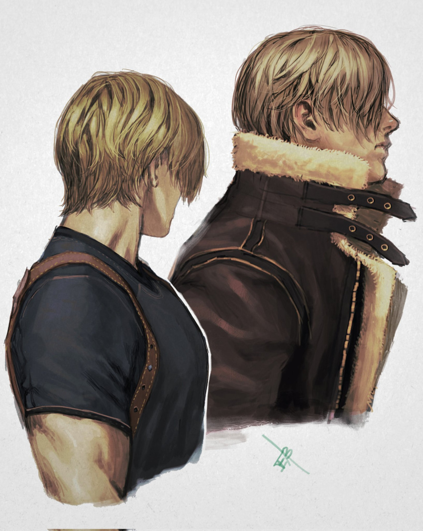 1boy blonde_hair brown_jacket closed_mouth cropped_torso ericson_blum facing_away fur-trimmed_jacket fur_trim hair_over_eyes harness highres jacket leon_s._kennedy long_sleeves male_focus multiple_views muscular muscular_male resident_evil resident_evil_4 resident_evil_4_(remake) shirt short_hair short_sleeves signature solo t-shirt upper_body wavy_hair white_fur
