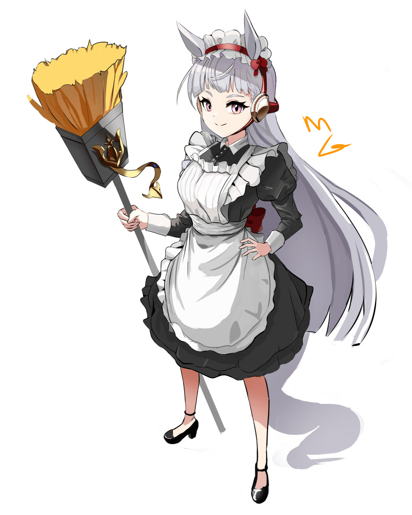 1girl absurdres animal_ears apron black_dress black_footwear blunt_bangs bow broom closed_mouth dress frilled_apron frills full_body gold_ship_(umamusume) headband highres hime_cut holding holding_broom horse_ears horse_girl horse_tail long_hair long_sleeves looking_at_viewer magett maid maid_apron maid_headdress puffy_long_sleeves puffy_sleeves purple_hair red_bow simple_background smile solo standing tail umamusume violet_eyes white_apron white_background