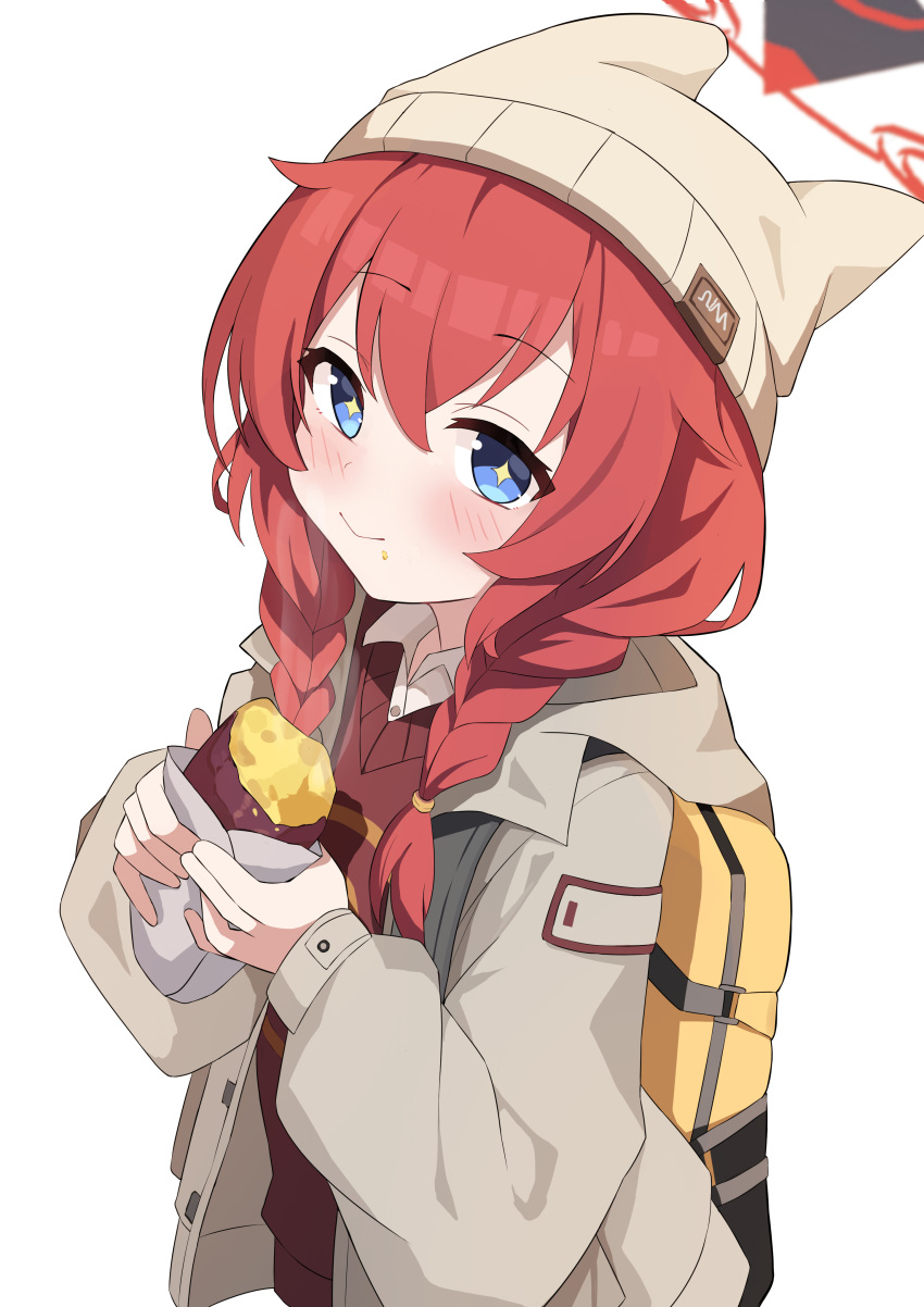 1girl absurdres backpack bag beanie blue_archive blue_eyes blush brown_shirt chun_jiang closed_mouth collared_shirt food grey_headwear grey_jacket hair_between_eyes halo hat highres holding holding_food jacket long_hair long_sleeves looking_at_viewer maki_(blue_archive) maki_(camp)_(blue_archive) official_alternate_costume open_clothes open_jacket red_halo redhead shirt simple_background smile solo sweet_potato upper_body white_background white_shirt
