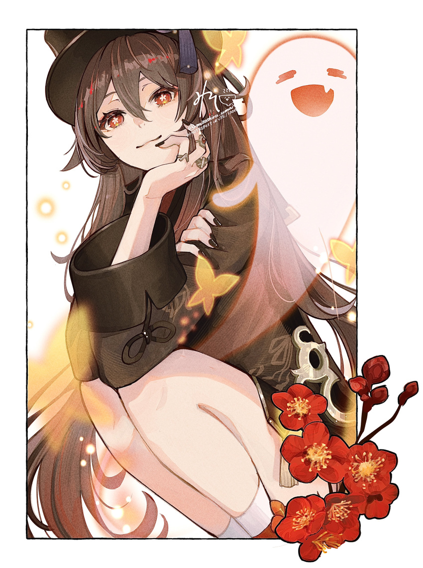 1girl absurdres black_headwear black_nails boo_tao_(genshin_impact) border brown_coat brown_hair chinese_clothes coat collared_coat flower flower-shaped_pupils genshin_impact ghost hand_on_own_arm hat hat_tassel head_on_hand head_rest highres hu_tao_(genshin_impact) jewelry long_hair looking_at_viewer misoshiru_umai4 multiple_rings plum_blossoms porkpie_hat red_eyes ring sidelocks signature socks solo squatting symbol-shaped_pupils twitter_username white_border white_socks