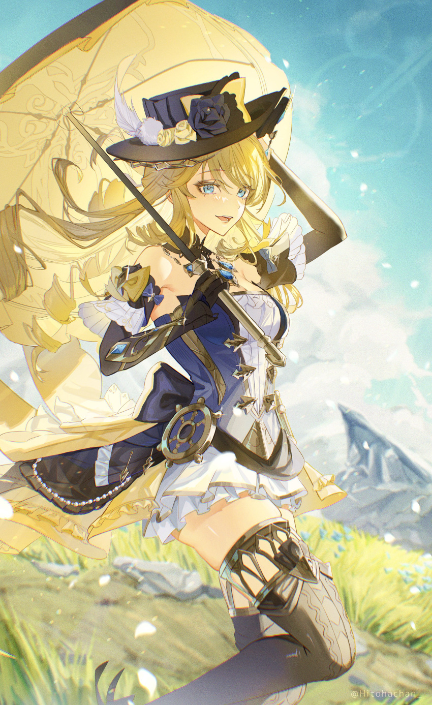 1girl absurdres bare_shoulders black_gloves black_hair black_headwear blonde_hair blue_eyes blue_gemstone detached_sleeves dress drill_hair drill_sidelocks gem genshin_impact gloves gold_trim_bow grass hat highres hitohachan holding holding_own_hair holding_umbrella jewelry lace-trimmed_collar lace_trim navia_(genshin_impact) sidelocks sky smile umbrella