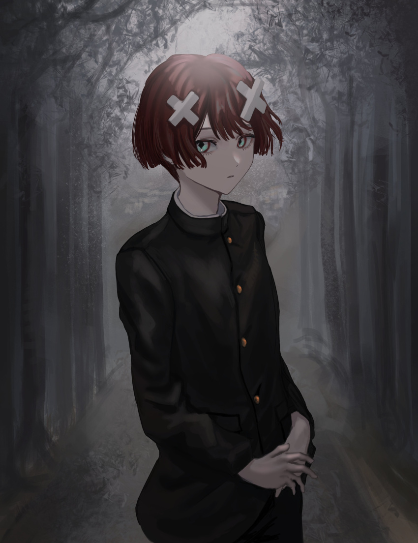 1boy absurdres androgynous black_suit diamond-shaped_pupils diamond_(shape) dot_nose fog forest green_eyes hair_ornament highres kyano_(kyanora3141) long_sleeves looking_at_viewer nature open_mouth original own_hands_together short_hair standing suit symbol-shaped_pupils tree upper_body x_hair_ornament