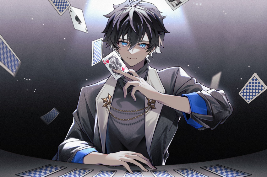 1boy ace_(playing_card) black_background black_hair black_jacket blue_eyes card charlemagne_(fate) closed_mouth dark_background dullnoko earrings fate/grand_order fate_(series) glint grey_sweater hair_between_eyes highres holding holding_card jacket jewelry king_(playing_card) light light_smile looking_at_viewer male_focus multicolored_hair playing_card short_hair sleeves_rolled_up smile solo sweater table turtleneck two-tone_hair upper_body white_hair