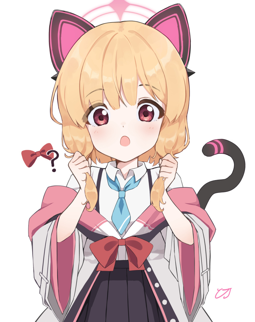 1girl ? absurdres animal_ear_headphones animal_ears black_skirt blonde_hair blue_archive blue_necktie blush cat_tail collared_shirt fake_animal_ears halo headphones highres jacket juliahsl long_sleeves momoi_(blue_archive) necktie open_mouth pink_halo pleated_skirt red_eyes shirt short_hair signature skirt solo tail white_jacket white_shirt wide_sleeves
