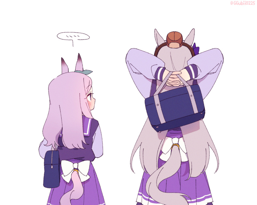 ... 2girls animal_ears arms_behind_head bag bow brown_headwear commentary_request from_behind ggubii0225 gold_ship_(umamusume) grey_hair hat highres holding holding_bag horse_ears horse_girl horse_tail korean_commentary long_hair long_sleeves looking_at_another mejiro_mcqueen_(umamusume) multiple_girls purple_hair purple_shirt purple_skirt sailor_collar school_bag school_uniform shirt simple_background skirt spoken_ellipsis tail tail_through_clothes tracen_school_uniform twitter_username umamusume upper_body white_background white_bow