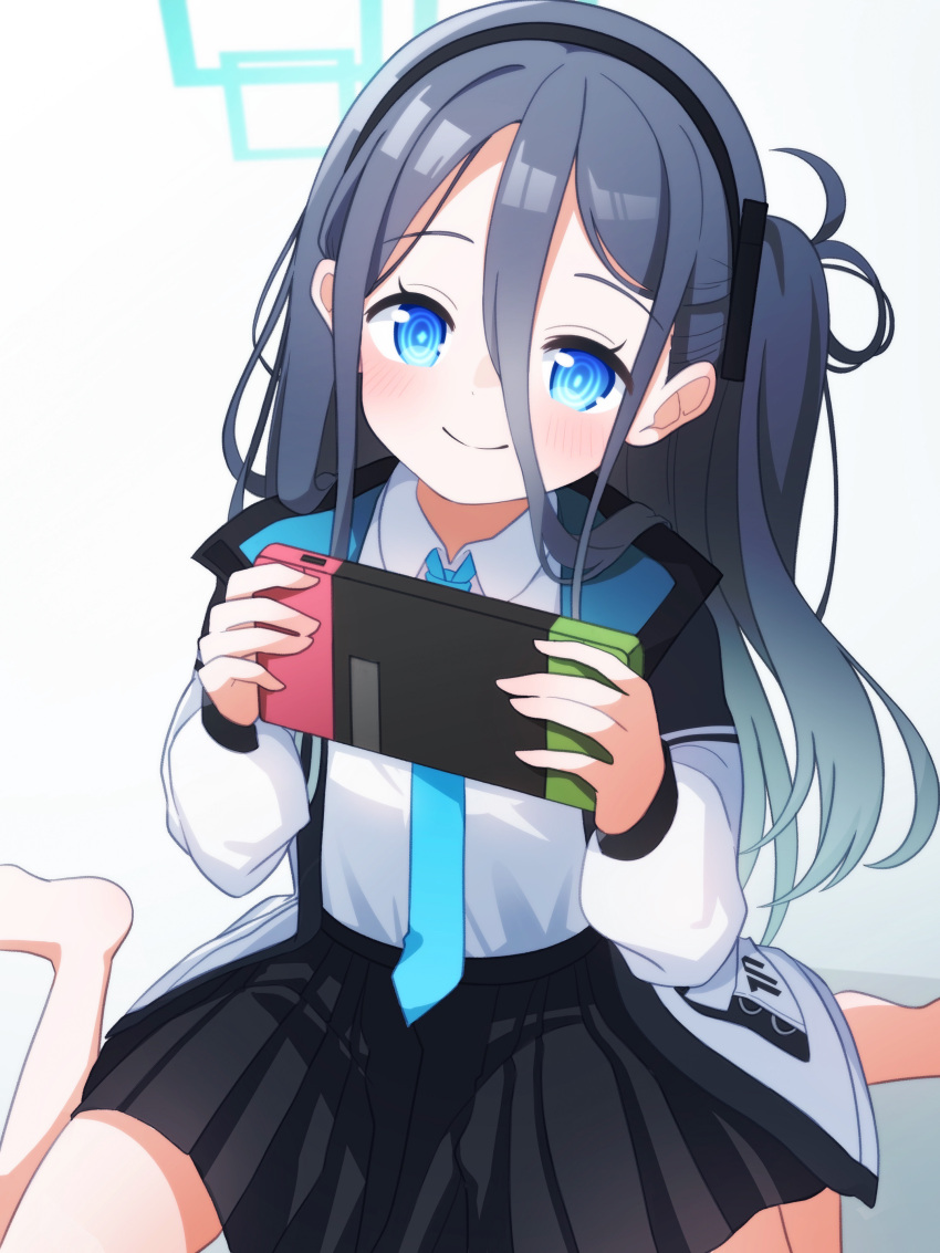 1girl absurdly_long_hair absurdres aris_(blue_archive) black_skirt blue_archive blue_eyes blue_halo blue_necktie blush collared_shirt hair_between_eyes halo handheld_game_console highres holding holding_handheld_game_console long_bangs long_hair looking_at_viewer necktie one_side_up petako_(ptpt_k) shirt skirt smile solo very_long_hair white_shirt
