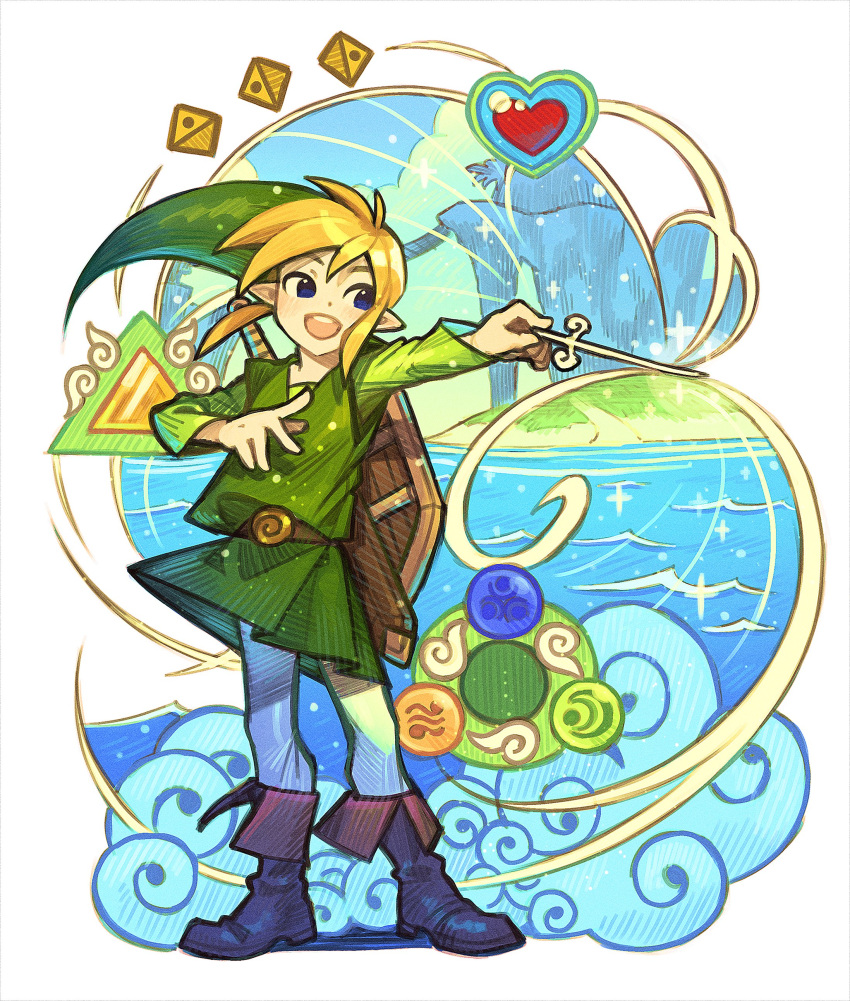 1boy 9twoeight absurdres belt belt_buckle black_footwear blonde_hair blue_eyes boots buckle full_body green_headwear green_tunic heart highres link looking_to_the_side magic male_focus medium_hair ocean open_mouth pants pointy_ears pointy_hat sidelocks smile solo standing the_legend_of_zelda the_legend_of_zelda:_the_wind_waker white_pants
