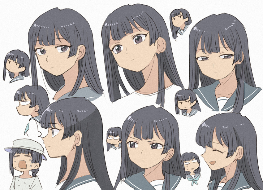 1girl :d :| black_hair brown_eyes closed_mouth commentary_request cropped_head crying expressionless expressions from_side grey_sailor_collar hanashiro_anzu hat long_hair looking_at_viewer looking_to_the_side multiple_views natsu_e_no_tunnel_sayonara_no_deguchi open_mouth profile sailor_collar school_uniform shirt sidelocks simple_background slit_pupils smile straight_hair sweatdrop tsubobot v-shaped_eyebrows white_background white_headwear white_shirt wide_oval_eyes