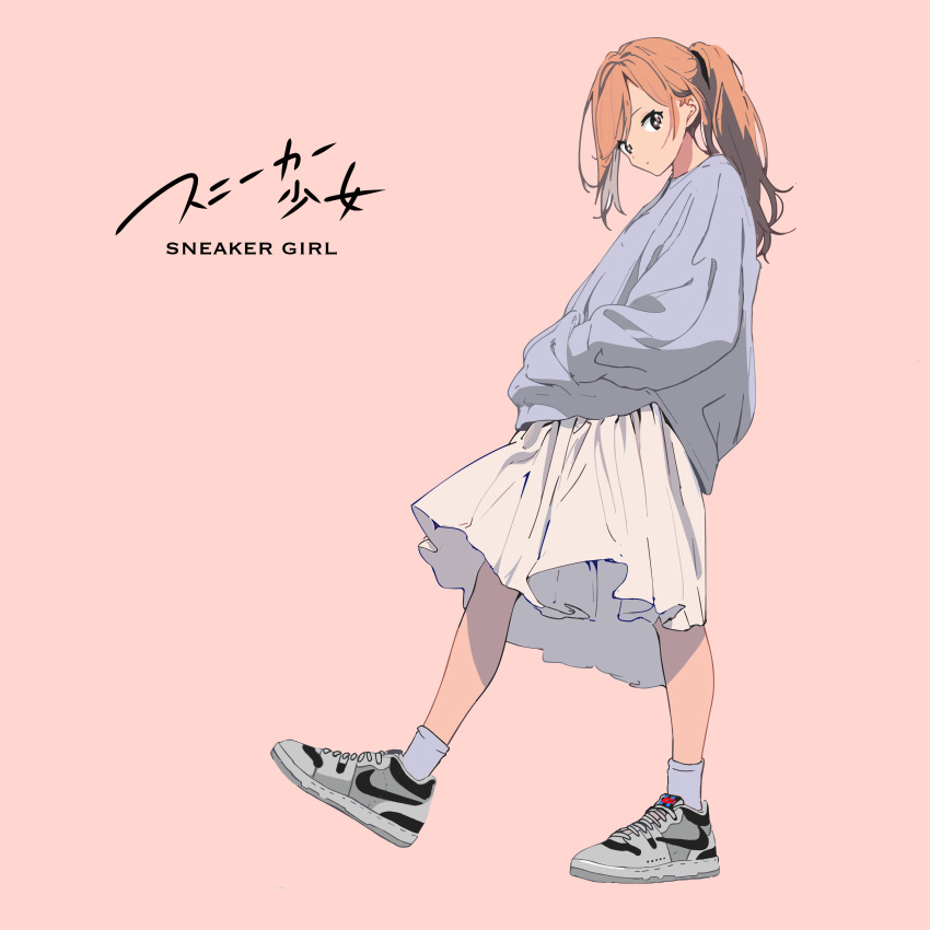 1girl absurdres grey_footwear haluchilu hands_in_pockets highres looking_at_viewer nike original product_placement redhead shoes simple_background skirt sneakers solo white_skirt
