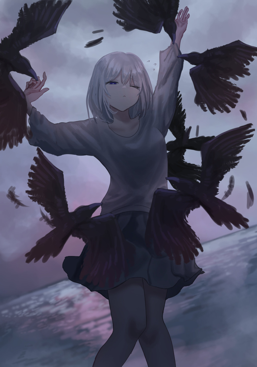 1girl :&lt; absurdres arms_up attack bird black_bird blue_eyes bright_pupils clouds cloudy_sky crow falling_feathers flock flying_sweatdrops grey_skirt highres kyano_(kyanora3141) long_sleeves medium_hair one_eye_closed original outdoors pigeon-toed reflection reflective_water shirt skirt sky solo sunset water white_pupils white_shirt