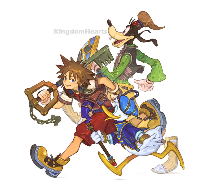 3boys 9twoeight absurdres bird blue_eyes blue_headwear blue_jacket brown_hair brown_headwear chain_necklace cropped_jacket donald_duck duck full_body goggles goggles_on_headwear gold_trim goofy green_sweater grey_vest hair_between_eyes hat highres holding holding_shield holding_staff jacket jewelry keyblade kingdom_hearts male_focus multiple_boys necklace open_mouth over_shoulder overalls pants red_overalls running shield short_hair short_sleeves smile sora_(kingdom_hearts) spiky_hair staff sweater turtleneck turtleneck_sweater vest weapon weapon_over_shoulder white_background yellow_footwear yellow_pants