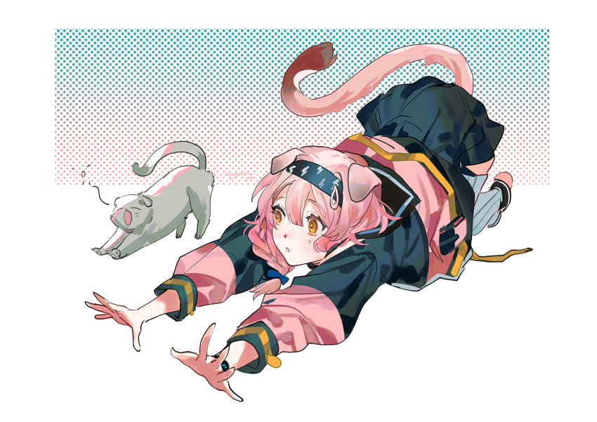1girl absurdres animal_ears arknights black_footwear black_hairband braid cat cat_ears cat_girl cat_tail commentary_request goldenglow_(arknights) hairband highres imitating long_hair long_sleeves looking_at_animal magnolia29 pink_hair shoes socks solo tail white_socks yellow_eyes