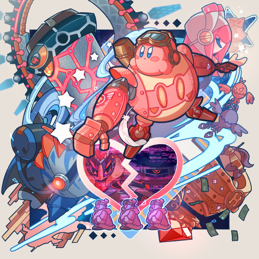 1other 2girls 3boys absurdres banknote blue_eyes character_request closed_eyes colored_skin dark_matter feathers glef_life goggles goggles_on_head heart highres king_dedede kirby kirby:_planet_robobot kirby_(series) max_profitt_haltmann money multiple_boys multiple_girls non-humanoid_robot pink_skin queen_sectonia robobot_armor robot star_(symbol) susie_(kirby) v-shaped_eyebrows white_background white_feathers