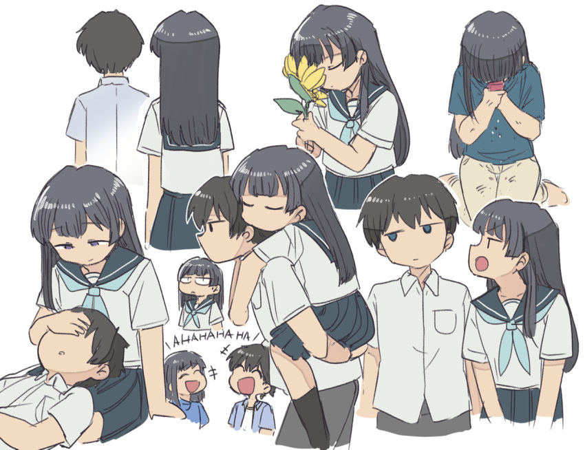 1boy 1girl :o arms_around_neck black_hair blue_eyes blue_neckerchief blue_sailor_collar blue_skirt breast_pocket brown_hair carrying cellphone closed_eyes collared_shirt commentary_request cropped_legs crying flip_phone flower hanashiro_anzu hand_on_another's_face hetero holding holding_flower holding_phone lap_pillow long_hair looking_ahead looking_at_another multiple_views natsu_e_no_tunnel_sayonara_no_deguchi neckerchief o_o open_mouth out_of_frame own_hands_together pants phone piggyback pleated_skirt pocket profile sailor_collar school_uniform serafuku shirt short_hair short_sleeves sideways_glance sitting skirt slit_pupils straight_hair sunflower touno_kaoru tsubobot v-shaped_eyebrows violet_eyes wariza white_shirt