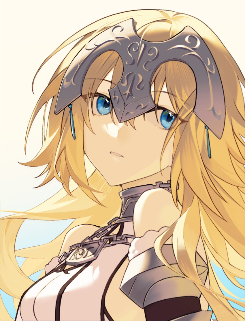 1girl armor blonde_hair blue_eyes chain collar detached_sleeves dress fate/grand_order fate_(series) gradient_background headpiece highres idass_(idass16) jeanne_d'arc_(fate) jeanne_d'arc_(ruler)_(fate) jeanne_d'arc_(third_ascension)_(fate) long_hair looking_to_the_side metal_collar parted_lips portrait simple_background solo upper_body white_dress