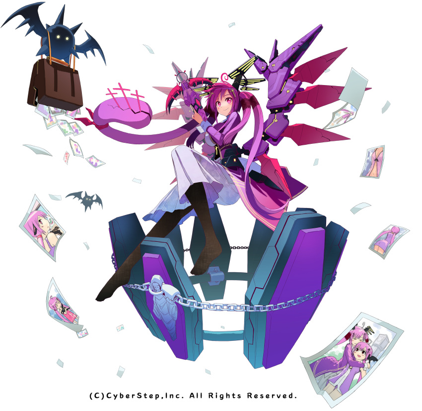 absurdres amlim breasts chain coffin cosmic_break crossbow dress highres large_breasts long_sleeves mecha_musume morizo_cs nemlim_mellow official_art purple_hair smile tighs twintails vampire violet_eyes weapon