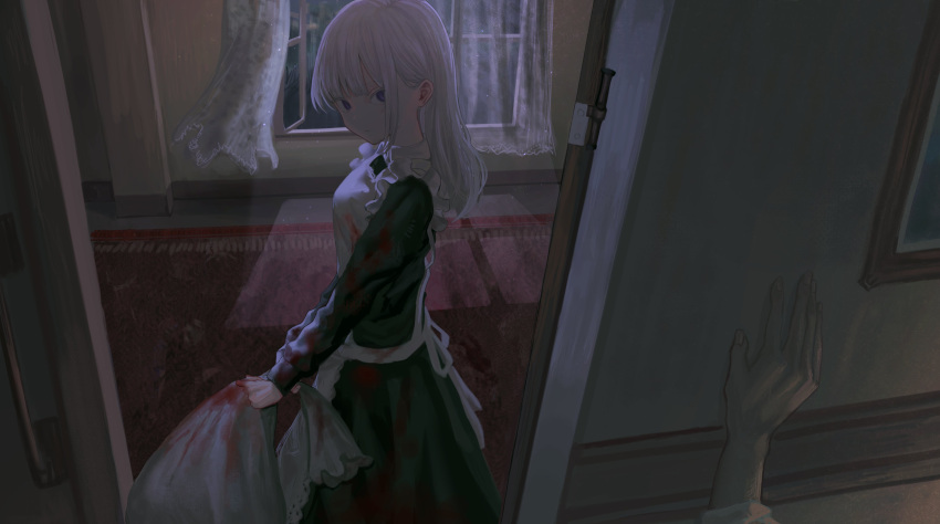1girl 1other absurdres apron black_dress blood blood_on_clothes blue_eyes blunt_bangs curtains dress expressionless highres implied_murder indoors kyano_(kyanora3141) long_hair long_sleeves looking_at_viewer maid maid_apron open_window original red_carpet standing window