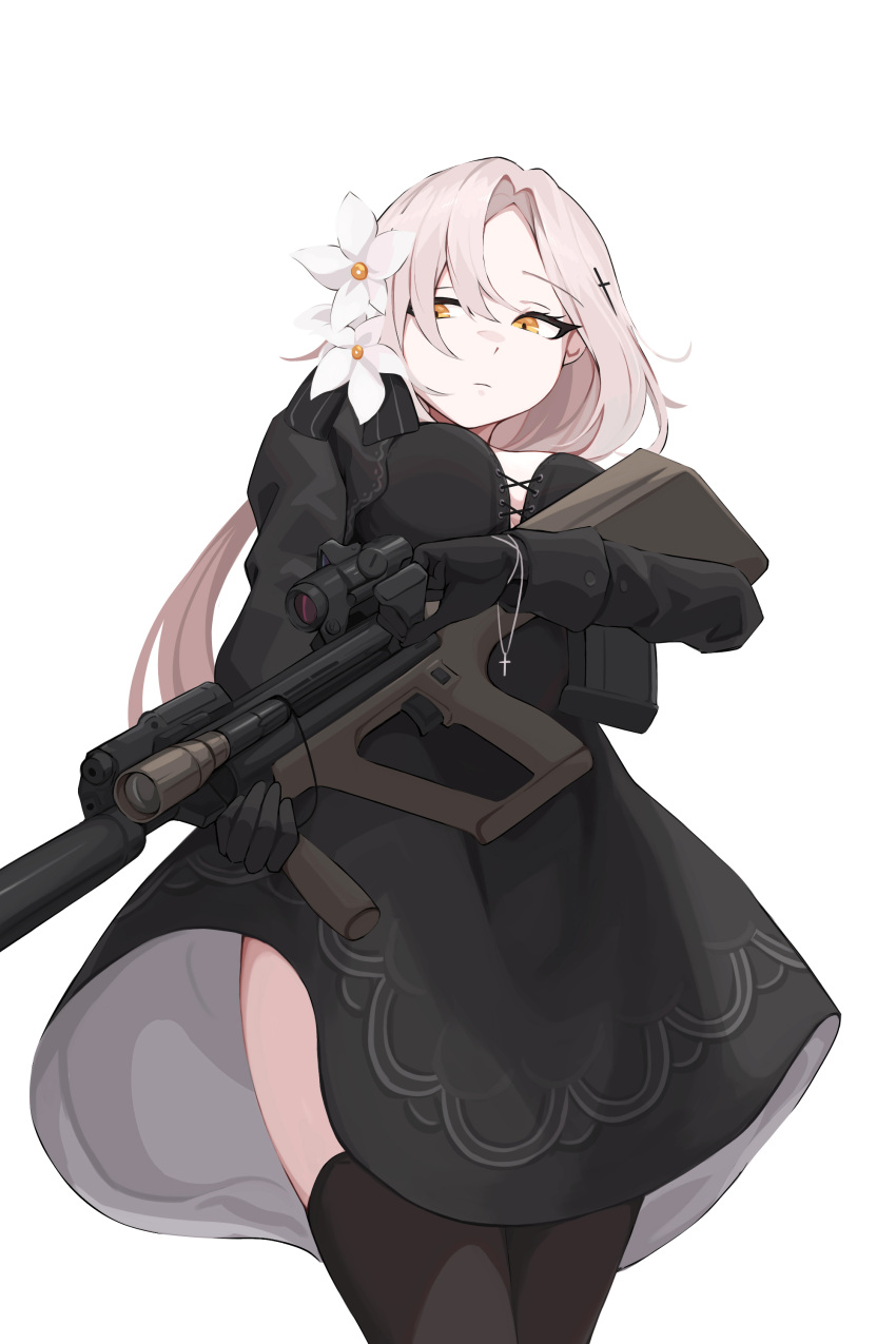 1girl absurdres assault_rifle aug_(girls'_frontline) black_dress black_eyeliner black_gloves breasts bullpup center_cross_lace closed_mouth copycat001 cross cross_hair_ornament cross_necklace dress expressionless eyelashes eyeliner flashlight flower girls_frontline gloves gun hair_between_eyes hair_flower hair_ornament highres holding holding_gun holding_weapon jewelry long_hair makeup necklace ponytail rifle scope solo steyr_aug thigh-highs thighs vertical_foregrip weapon white_hair yellow_eyes