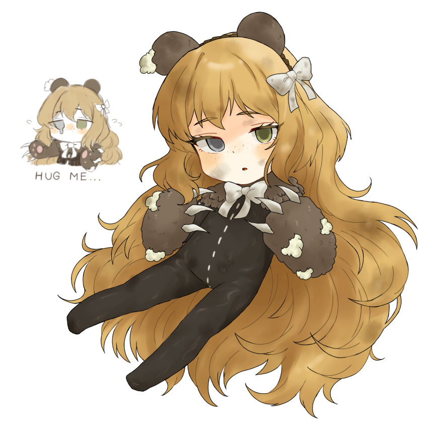 1girl animal_hands black_leotard claws e.g.o_(project_moon) gloves green_eyes happy_teddy_bear heterochromia highres ishmael_(project_moon) korumochi leotard library_of_ruina limbus_company long_hair looking_at_viewer open_mouth orange_hair paw_gloves project_moon simple_background solo very_long_hair white_background