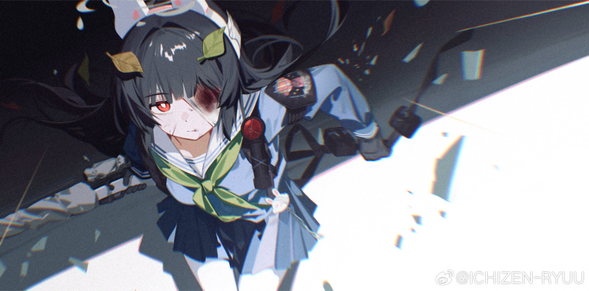 1girl animal_ears black_hair blue_archive blue_skirt closed_mouth fake_animal_ears green_neckerchief hair_over_one_eye highres long_hair long_sleeves looking_at_viewer miyu_(blue_archive) neckerchief pantyhose pleated_skirt rabbit_ears red_eyes ryuuforkaf sailor_collar skirt solo two-tone_skirt white_pantyhose white_sailor_collar white_skirt