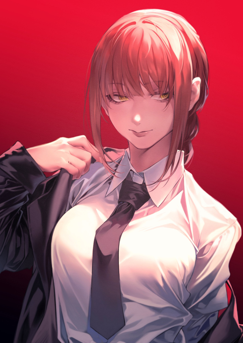 1girl absurdres black_jacket black_necktie braid braided_ponytail breasts chainsaw_man collared_shirt highres hiro_(hirohiro_gorira) jacket large_breasts looking_to_the_side makima_(chainsaw_man) necktie open_clothes open_jacket pink_hair red_background ringed_eyes shirt simple_background solo upper_body white_shirt yellow_eyes