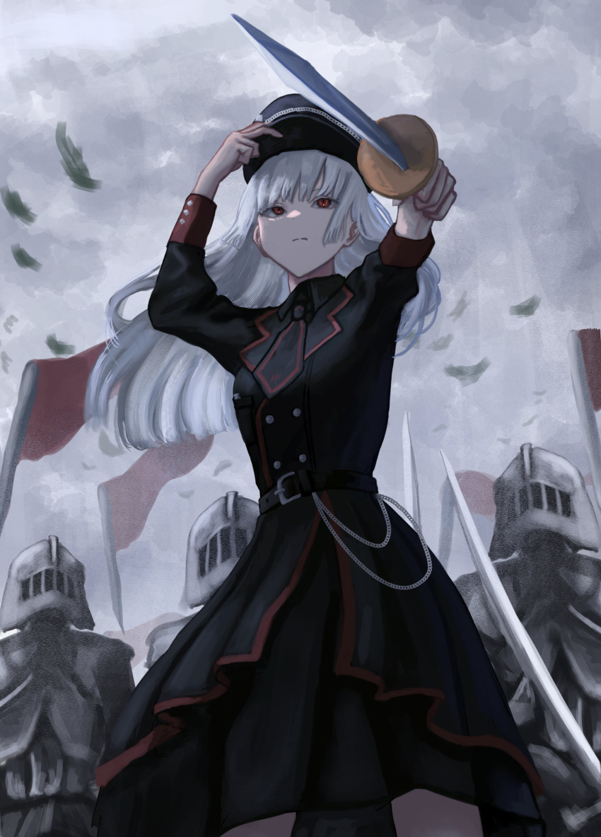 1girl 3others absurdres armor arms_up black_dress black_headwear blunt_bangs chain clouds cloudy_sky collared_dress dress flag floating_hair frown full_armor hand_on_headwear hat high_belt highres holding holding_sword holding_weapon knight kyano_(kyanora3141) long_hair long_sleeves multiple_others original red_eyes red_flag sky sword upper_body weapon white_hair