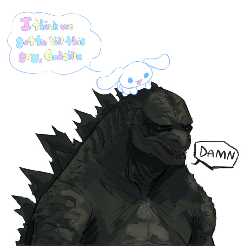 2others animal_on_head blue_eyes character_request commentary copyright_request english_commentary english_text fangs godzilla godzilla_(series) highres i_think_we're_gonna_have_to_kill_this_guy_steven_(meme) lins_(faemothra) meme multiple_others no_humans on_head open_mouth speech_bubble white_background
