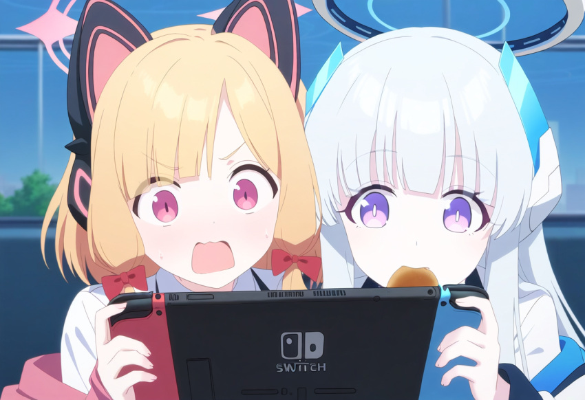 2girls ai-generated blue_archive english_commentary halo joongyong mixed-language_commentary momoi_(blue_archive) multiple_girls nintendo_switch noa_(blue_archive) open_mouth playing_games violet_eyes