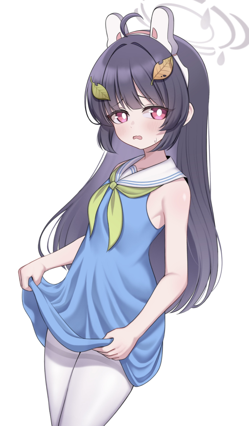 1girl :o animal_ears aoi_ryo black_hair blue_archive blue_dress blue_serafuku blunt_bangs blush clothes_lift collarbone commentary_request dress dress_lift fake_animal_ears hairband halo highres leaf leaf_on_head lifted_by_self long_hair looking_at_viewer miyu_(blue_archive) pantyhose rabbit_ears red_eyes sailor_dress school_uniform serafuku sidelocks simple_background solo sweatdrop wavy_mouth white_background white_pantyhose