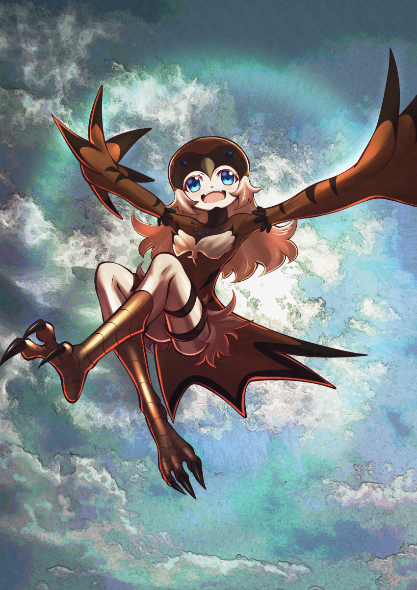 1girl absurdres aida_zuleka bird_hat bird_legs bird_tail blue_eyes brown_hair brown_wings clouds cloudy_sky commentary_request duel_monster feather_fingers harpy highres long_hair lyrilusc_-_cobalt_sparrow monster_girl open_mouth sky solo tail talons teeth upper_teeth_only winged_arms wings yu-gi-oh!