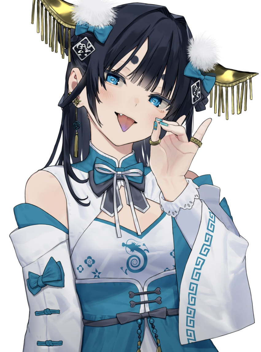 1girl black_hair blue_bow blue_dress blue_eyes blue_nails bow character_request chinese_clothes chinese_zodiac detached_sleeves dress fox_shadow_puppet hair_ornament highres jewelry long_hair looking_at_viewer mashiro_kta original ring simple_background solo thick_eyebrows tongue tongue_out white_background wide_sleeves year_of_the_dragon