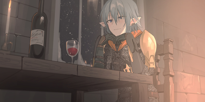 1boy alcohol armor black_gloves bottle brick_wall chainmail chair chihuri closed_mouth cup drinking_glass final_fantasy final_fantasy_xiv gloves hands_up haurchefant_greystone highres indoors male_focus on_chair pauldrons shoulder_armor sitting smile snow snowing solo table upper_body window wine wine_bottle wine_glass