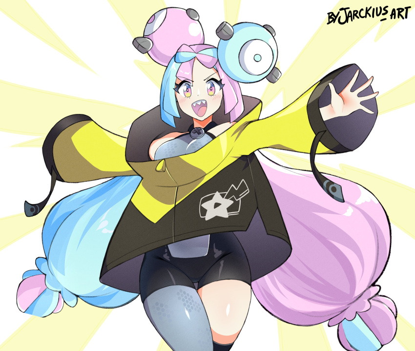 1girl absurdres bare_shoulders bike_shorts blue_hair bow-shaped_hair breasts character_hair_ornament grey_pantyhose hair_ornament highres iono_(pokemon) jacket jarckius light_blue_hair long_hair low-tied_long_hair magnemite multicolored_hair oversized_clothes pantyhose pink_hair pokemon pokemon_sv sharp_teeth single_leg_pantyhose sleeves_past_fingers sleeves_past_wrists solo split-color_hair teeth twintails two-tone_hair very_long_hair very_long_sleeves x yellow_jacket