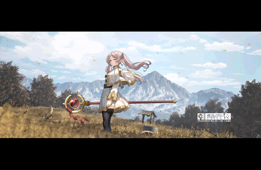 1girl absurdres artist_logo black_pantyhose blue_sky capelet clouds cloudy_sky day elf feet_out_of_frame field frieren gold_trim green_eyes highres holding holding_staff letterboxed long_hair long_sleeves looking_at_viewer mage_staff mountain mountainous_horizon outdoors pantyhose parted_bangs pointy_ears qi==qi scenery sky solo sousou_no_frieren staff standing twintails watermark white_capelet white_hair wide_shot