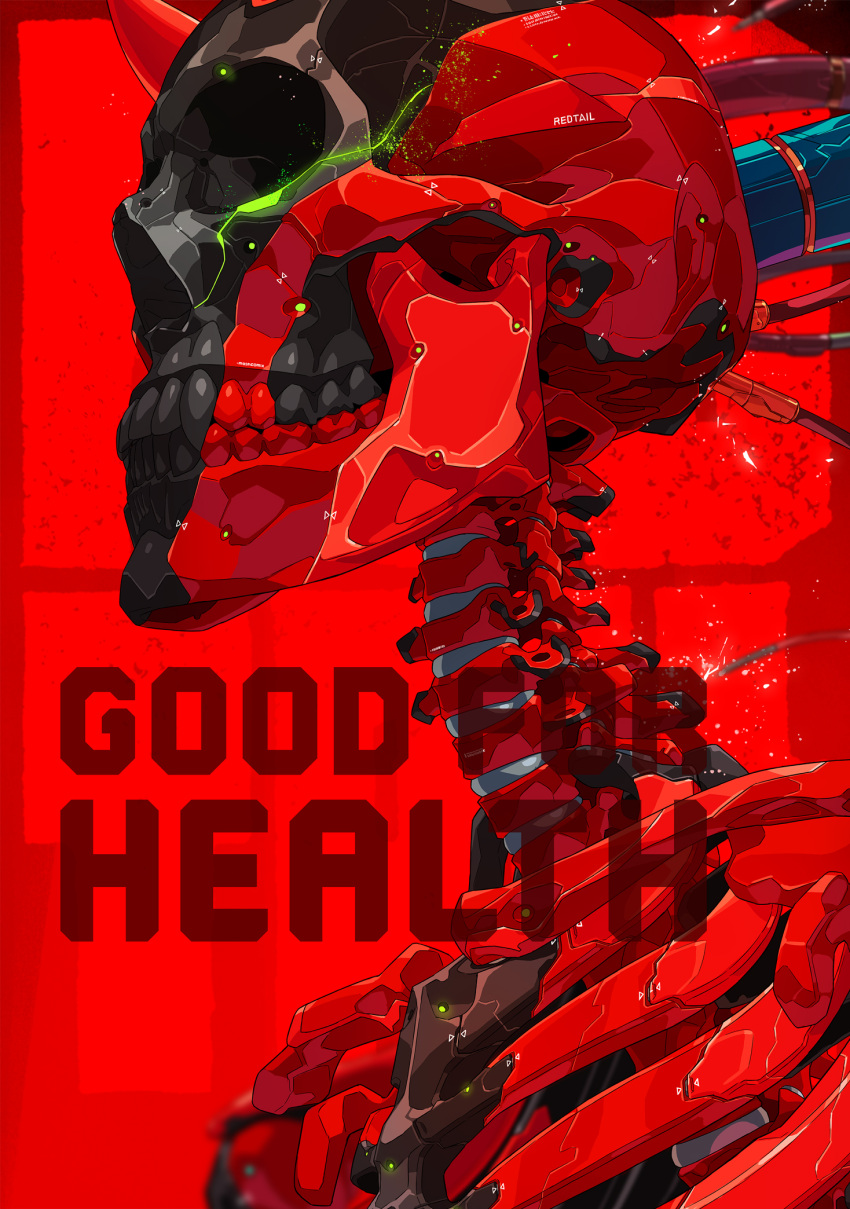 cable from_side glowing green_eyes highres horns mecha no_humans original red_background red_theme robot science_fiction solo spine teeth teru_by_m