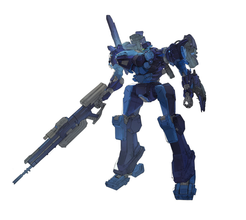 armored_core armored_core_6 assault_rifle full_body green_eyes gun highres holding holding_gun holding_weapon locksmith_(armored_core) mecha mecha_focus no_humans one-eyed rifle riio robot shoulder_cannon simple_background standing weapon white_background