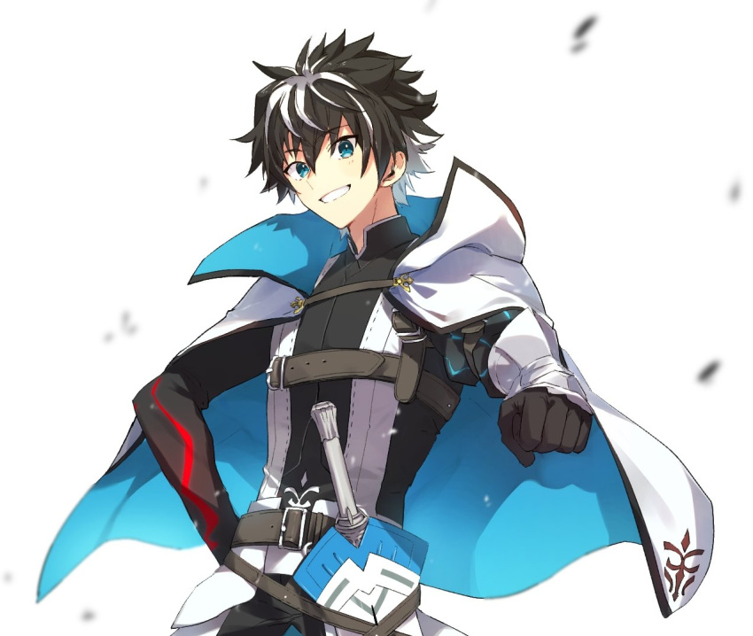 1boy arm_belt belt black_hair blue_eyes brown_belt cape charlemagne_(fate) chest_belt fate/grand_order fate_(series) grin hand_on_own_hip kabutomushi_s looking_at_viewer male_focus multicolored_hair raised_fist rerebrace scabbard sheath short_hair shoulder_belt simple_background smile solo streaked_hair two-sided_cape two-sided_fabric two-tone_hair upper_body vest white_background white_hair