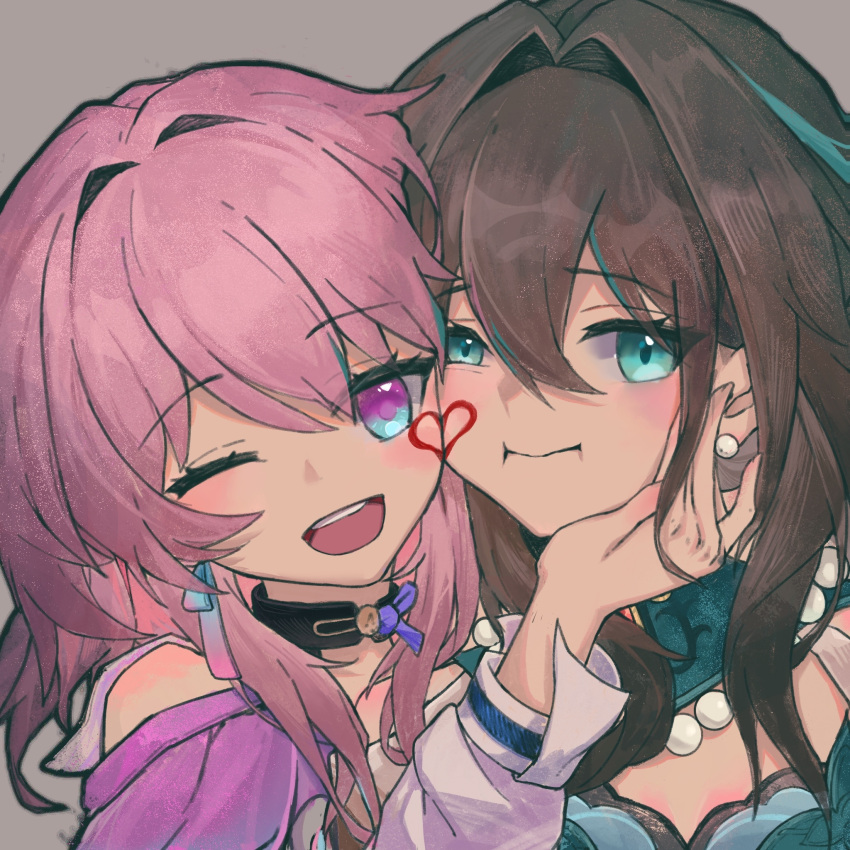 2girls black_choker blue_eyes brown_hair chinese_commentary choker commentary_request danshuangzeze earrings green_eyes green_hair grey_background hair_intakes hand_on_another's_cheek hand_on_another's_face heads_together heart highres honkai:_star_rail honkai_(series) jewelry long_sleeves looking_at_viewer march_7th_(honkai:_star_rail) medium_hair multicolored_hair multiple_girls one_eye_closed pink_hair portrait ruan_mei_(honkai:_star_rail) shirt simple_background single_earring streaked_hair two-tone_eyes white_shirt