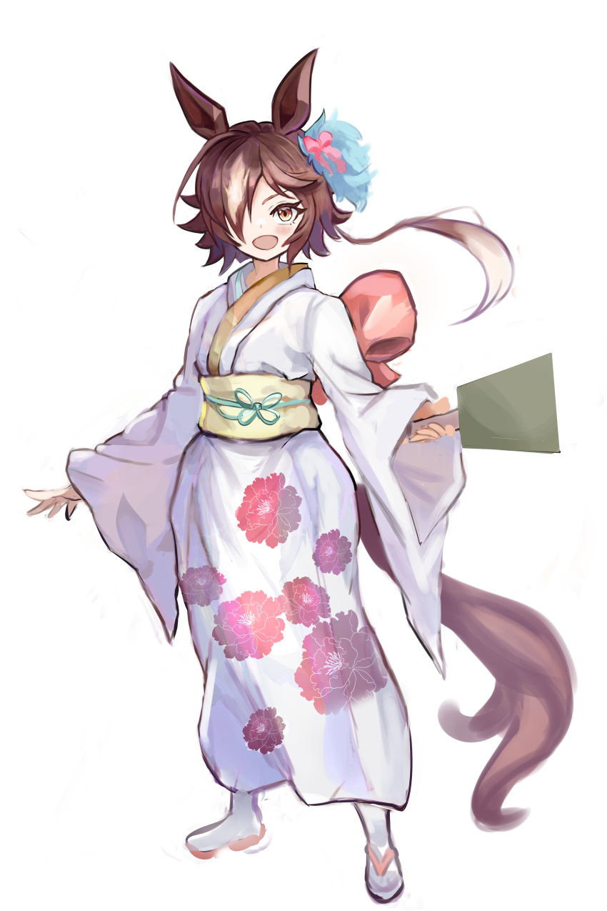 1girl :d absurdres animal_ears bow brown_hair floral_print_kimono full_body hair_bow hair_ornament hair_over_one_eye highres holding horse_ears horse_girl horse_tail long_hair long_sleeves magett obi open_mouth pink_bow ponytail sash simple_background smile socks solo standing tabi tail umamusume vodka_(umamusume) white_background white_socks yellow_eyes zouri