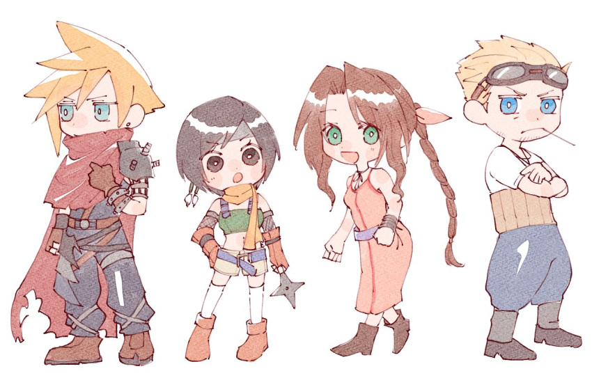2boys 2girls aerith_gainsborough baggy_pants bangle bare_shoulders belt black_footwear black_hair blonde_hair blue_eyes blue_pants boots bracelet braid braided_ponytail breasts brown_eyes brown_footwear brown_gloves brown_hair chibi choker cid_highwind clawed_gauntlets cloak closed_mouth cloud_strife colored_sclera crop_top crossed_arms dress earrings facial_hair final_fantasy final_fantasy_vii fingerless_gloves fishnet_armwear frown full_body gloves goggles goggles_on_head green_eyes green_shirt hair_ribbon hair_slicked_back hand_on_own_chest hand_on_own_hip headband holding holding_shuriken holding_weapon jewelry kingdom_hearts long_hair loose_belt medium_breasts midriff multiple_belts multiple_boys multiple_girls nitoya_00630a official_alternate_costume open_mouth pants parted_bangs pink_dress pink_ribbon purple_belt red_cloak ribbon ribbon_choker shirt short_hair short_shorts short_sleeves shorts shuriken sidelocks single_braid single_earring single_shoulder_pad sleeveless sleeveless_dress smile spiky_hair strapless stubble swept_bangs t-shirt toothpick torn_clothes tube_top v-shaped_eyebrows wavy_hair weapon white_background white_shirt yellow_belt yellow_sclera yellow_shorts yuffie_kisaragi