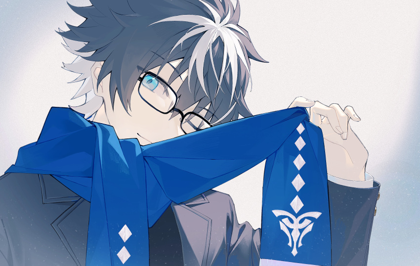 1boy ;) bespectacled black-framed_eyewear black_hair blue_eyes blue_scarf charlemagne_(fate) closed_mouth fate/grand_order fate_(series) glasses grey_jacket hair_between_eyes highres holding holding_clothes holding_scarf idass_(idass16) jacket light_smile looking_at_viewer male_focus multicolored_hair official_alternate_costume one_eye_closed scarf shirt short_hair simple_background smile solo streaked_hair upper_body white_background white_shirt